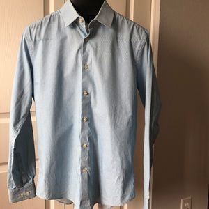 Express Fitted Aqua Black Geo Print Dress Shirt